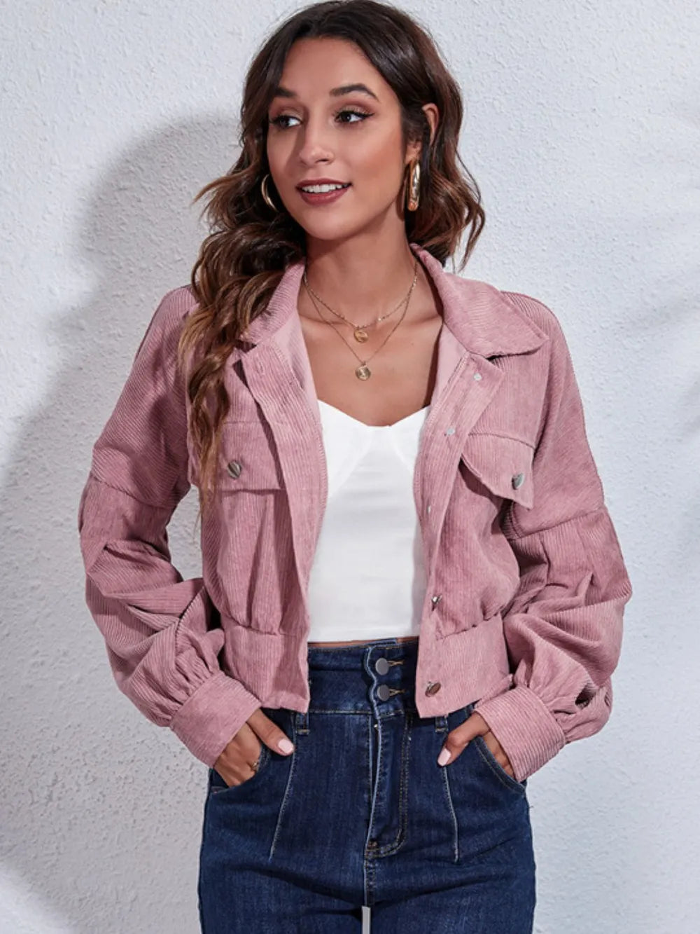 Button Down Collared Neck Cropped Jacket (16)