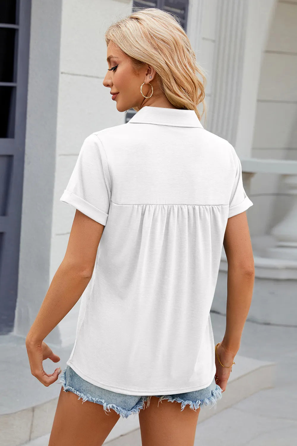 Ruched Johnny Collar Short Sleeve Blouse (8)