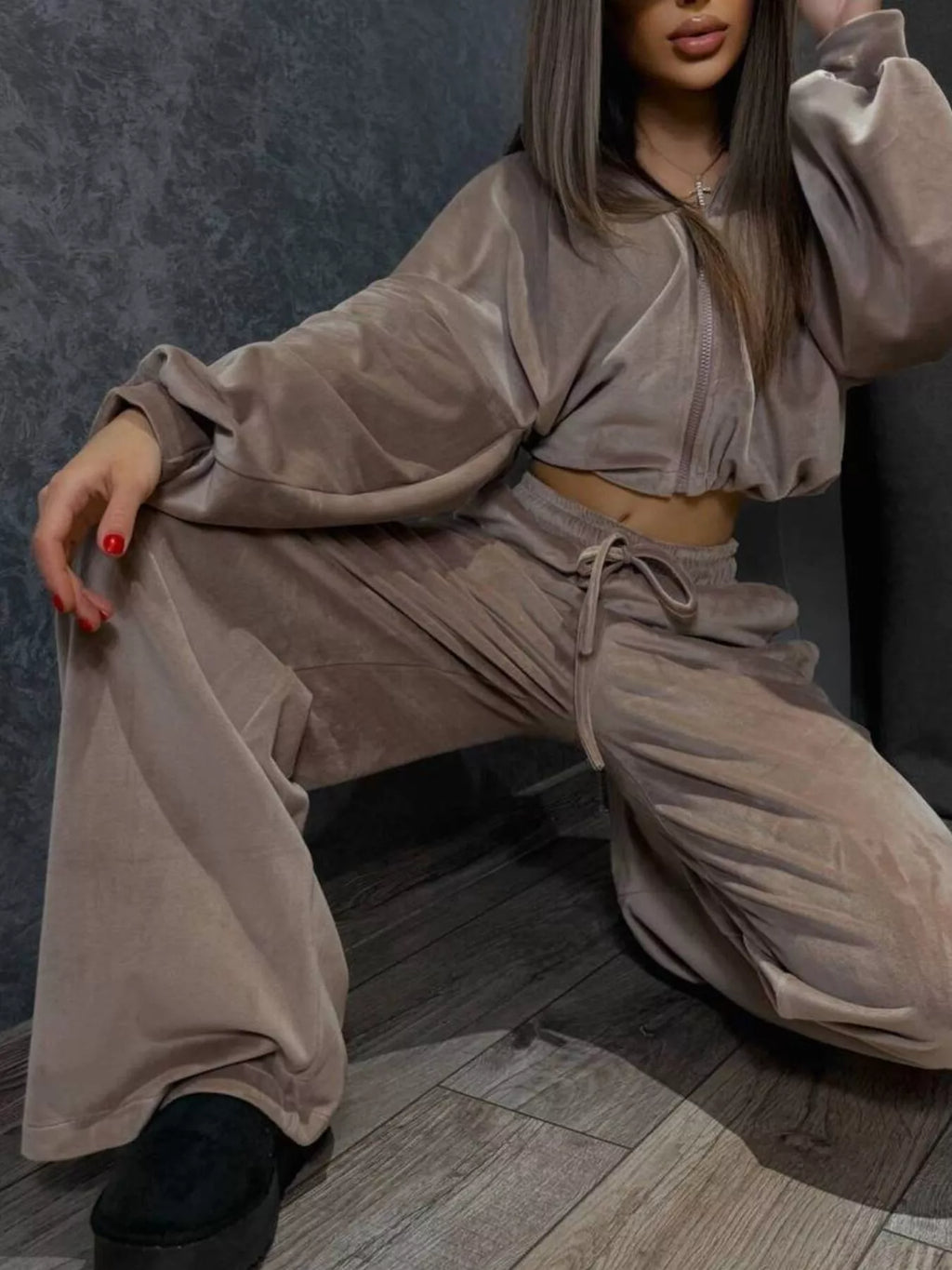 Zip Up Cropped Outerwear Pants Set (25)