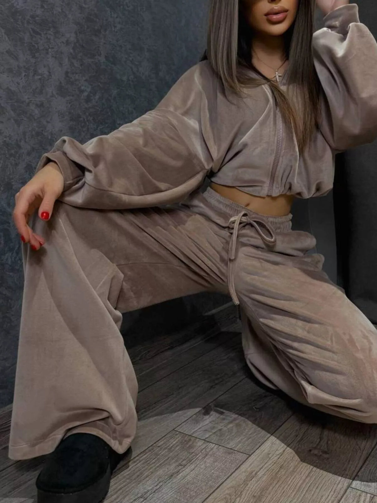 Zip Up Cropped Outerwear Pants Set (25)