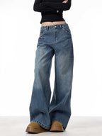 Rivet High Waist Wide Leg Jeans Baggy Straight Trousers photo 2