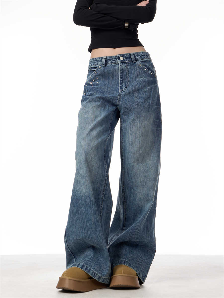 Rivet High Waist Wide Leg Jeans Baggy Straight Trousers photo 2
