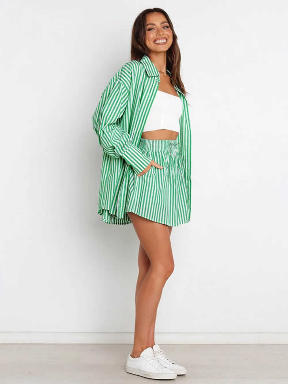Striped Dropped Shoulder Shirt Shorts Set (10)