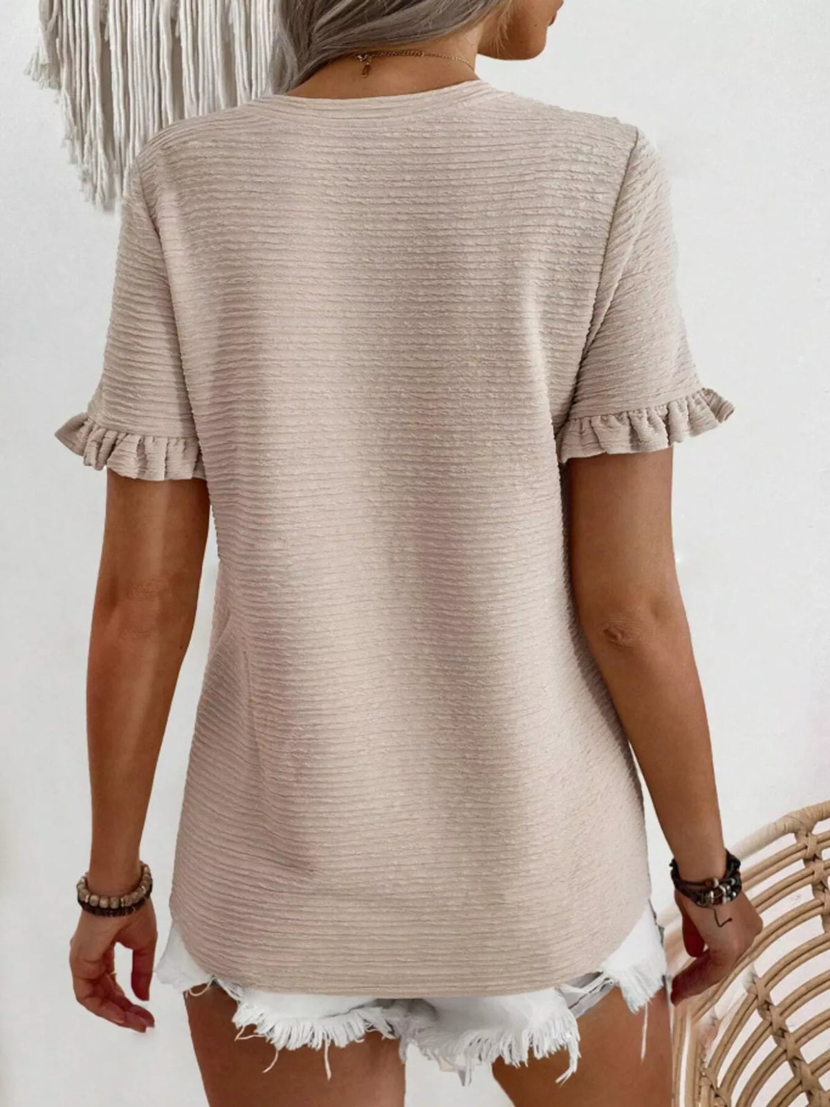 Textured Ruffle Sleeve Round Neck T-shirt (20)