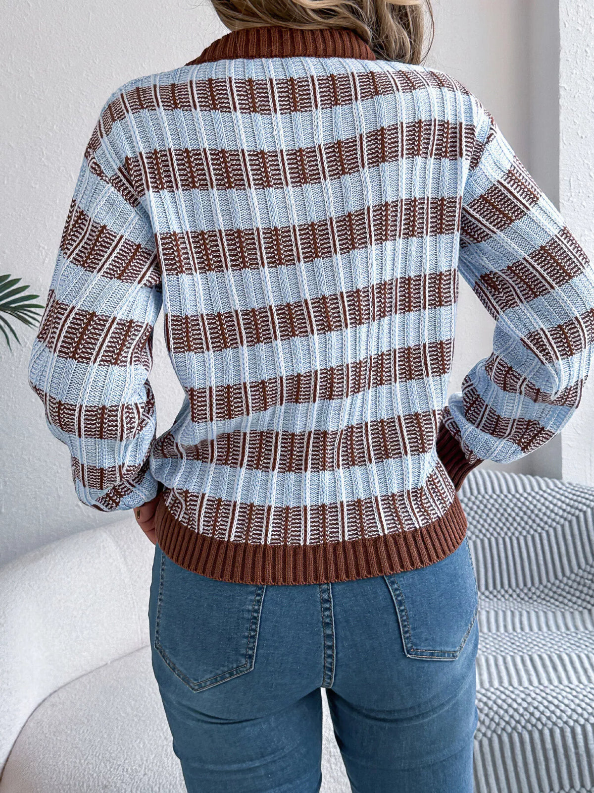 Striped Round Neck Long Sleeve Sweater (4)