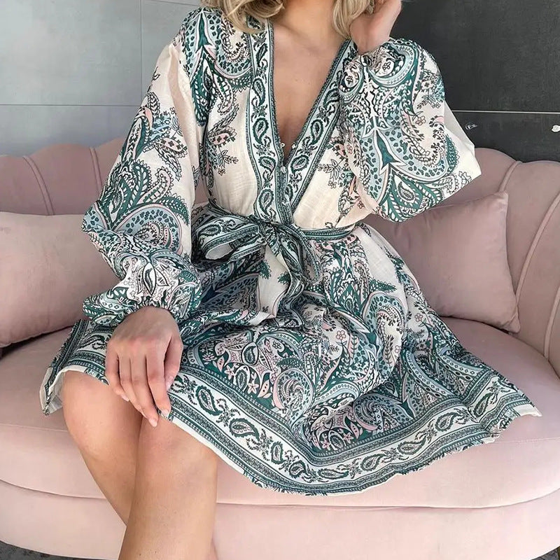 Elegant V-neck Loose Lace-up Casual Dress photo 4