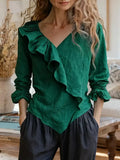 V-neck Ruffled Long Sleeve Blouse (2)