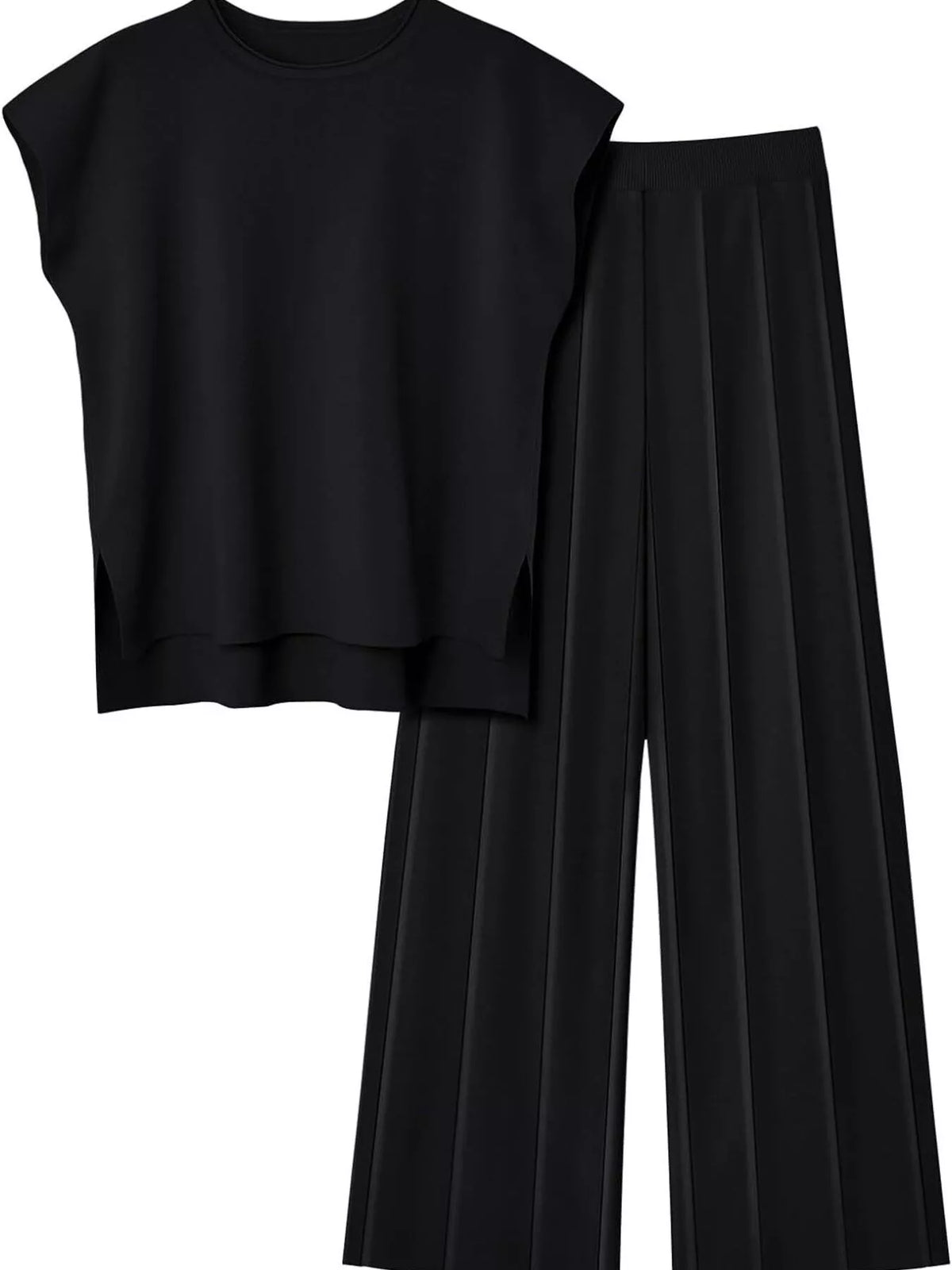 Casual Solid Color Cap Sleeve Top Pants Knit Set (9)