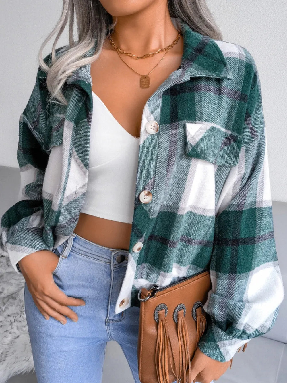 Plaid Collared Neck Long Sleeve Jacket (13)