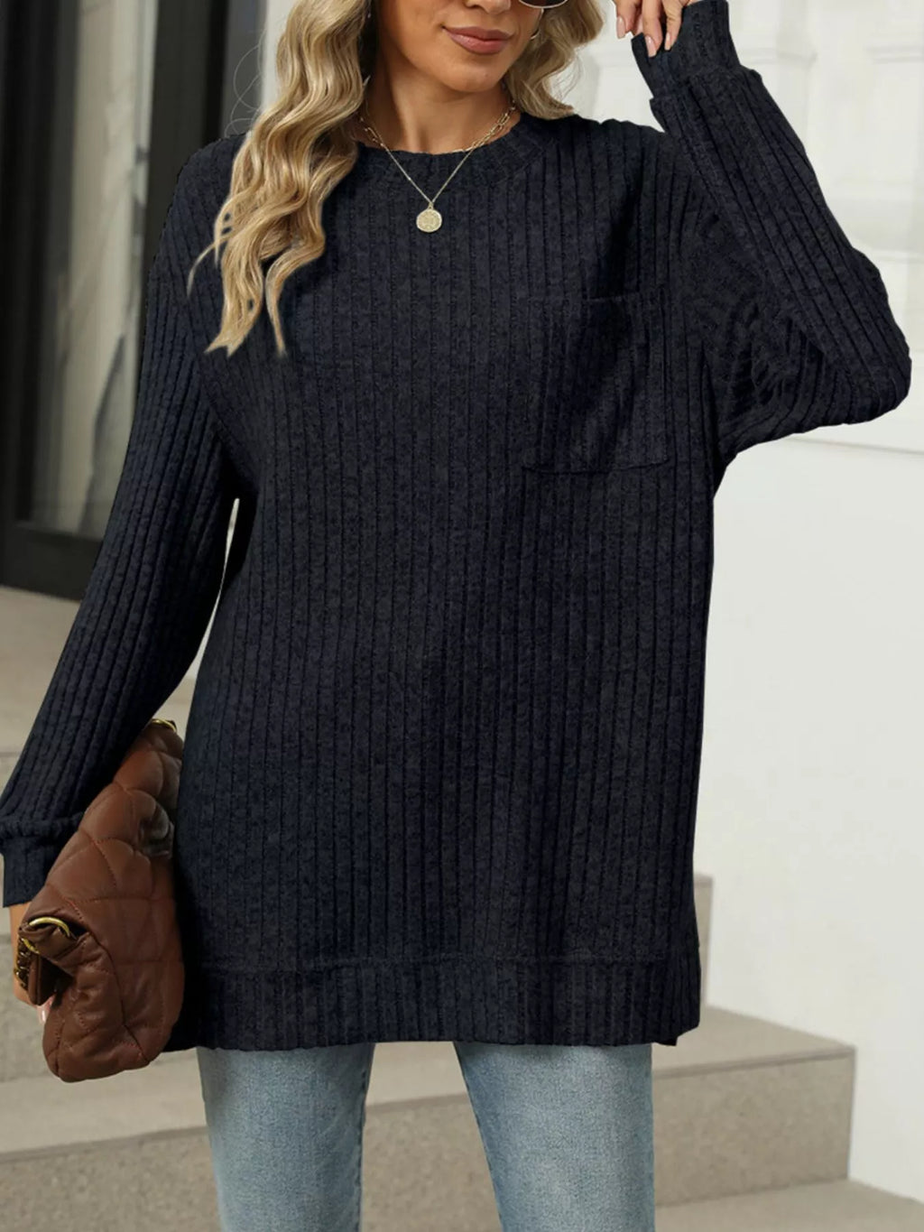 Ribbed Knit Round Neck Sweater (10)