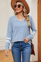 Striped V-neck Long Sleeve T-shirt (23)