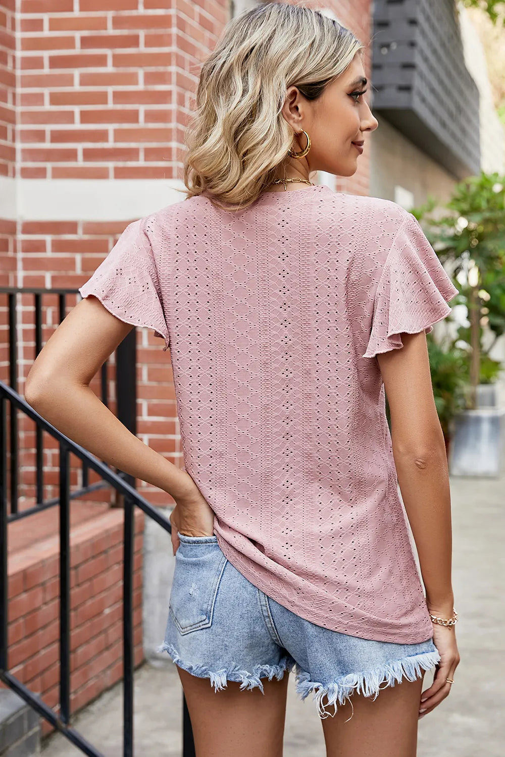 Eyelet V-neck Flutter Sleeve T-shirt (12)