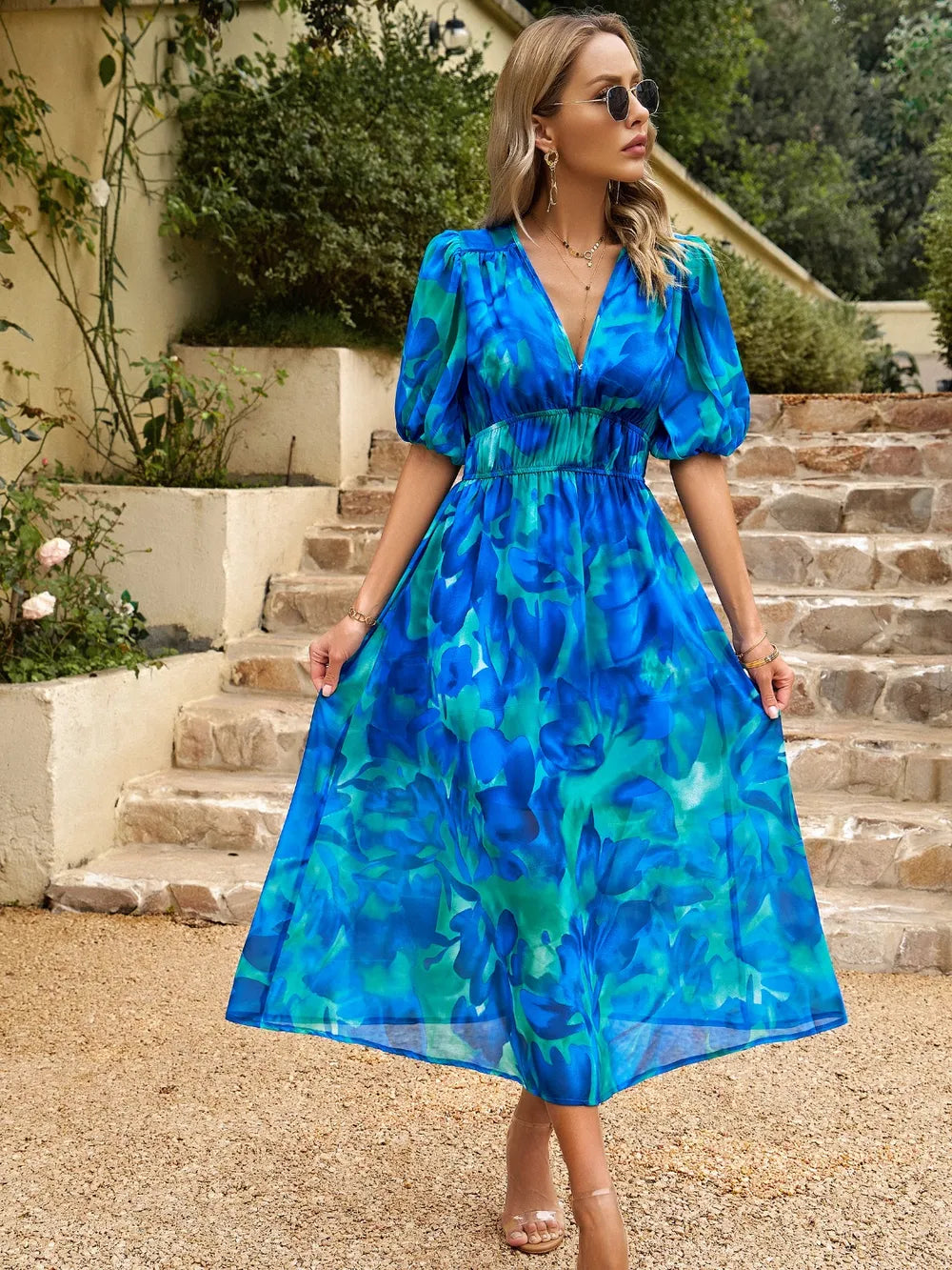 Smocked Printed V-neck Half Sleeve Midi Dress (19)