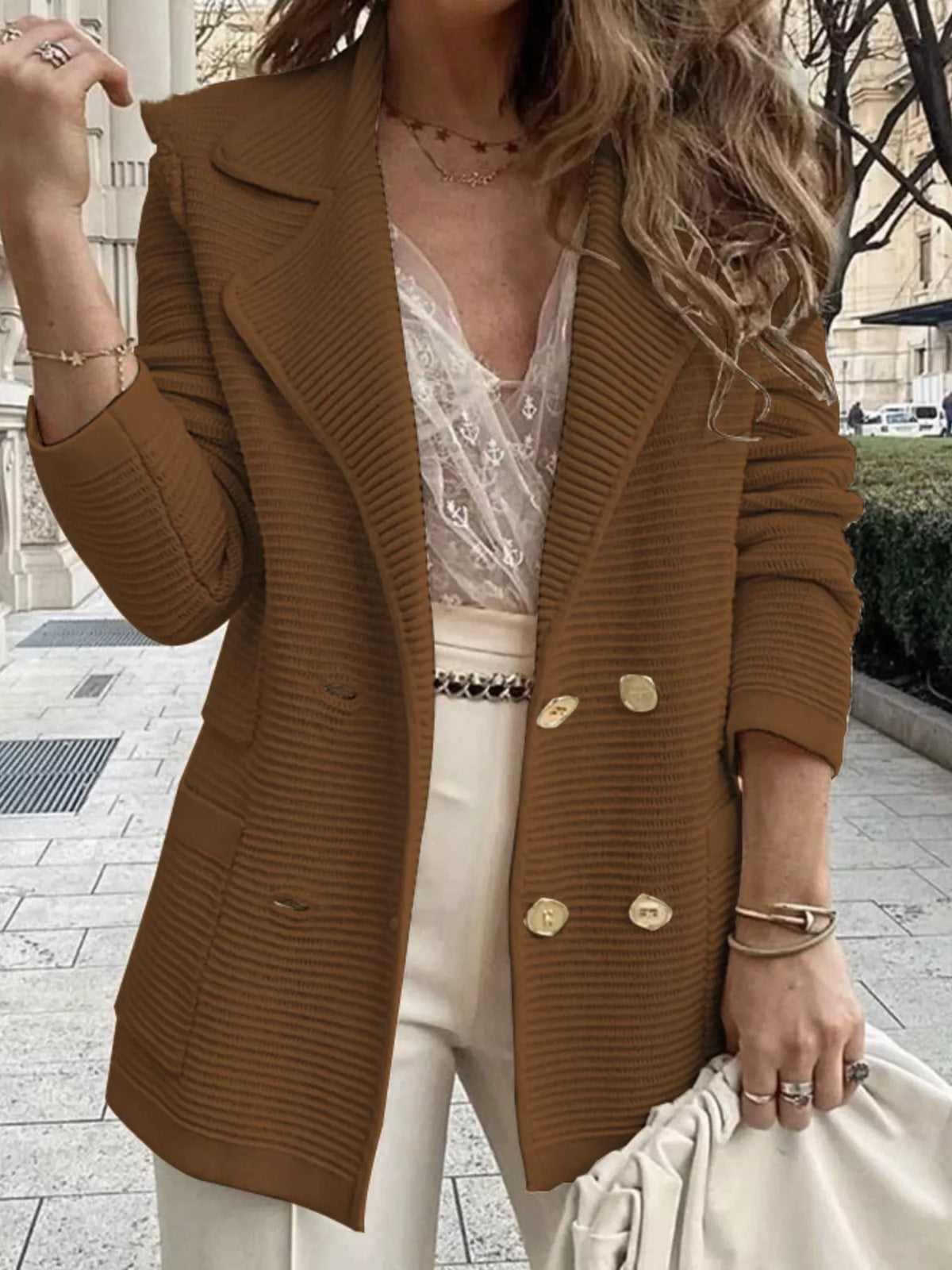 Texture Knit Double-breasted Blazer (7)