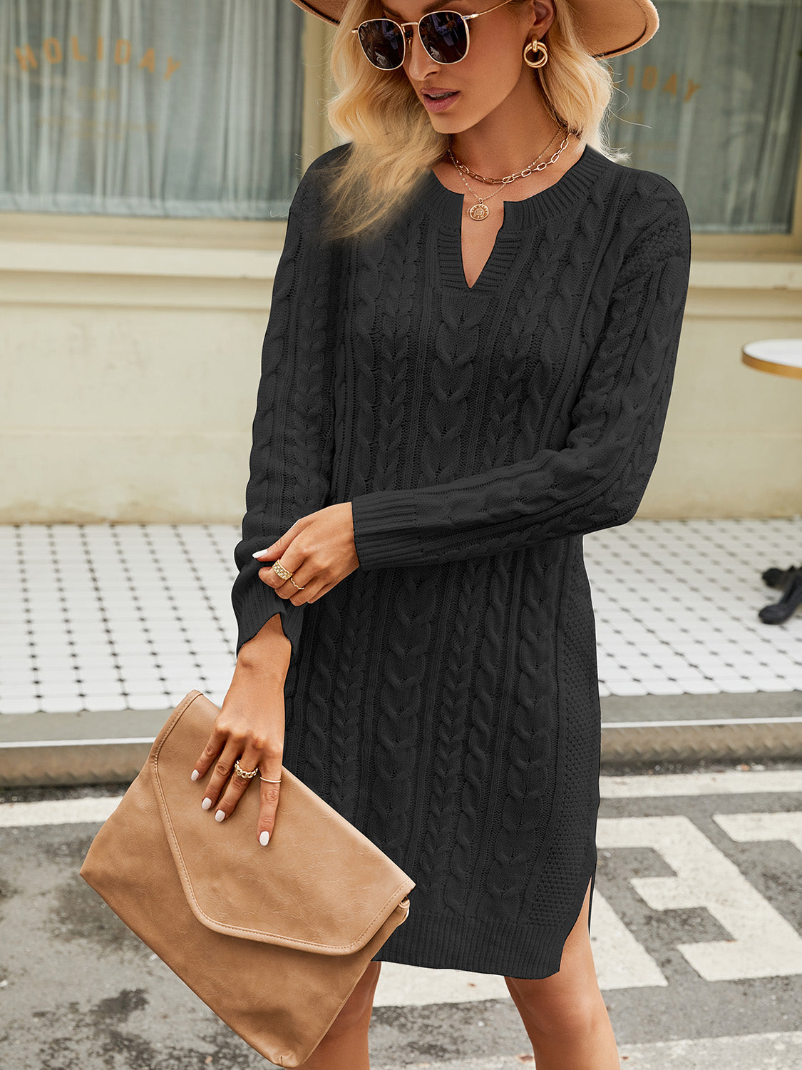 Notched Neck Cable-knit Slit Sweater Dress (6)