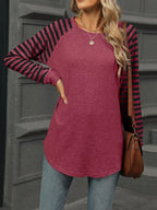 Striped Round Neck Raglan Sleeve T-shirt (17)