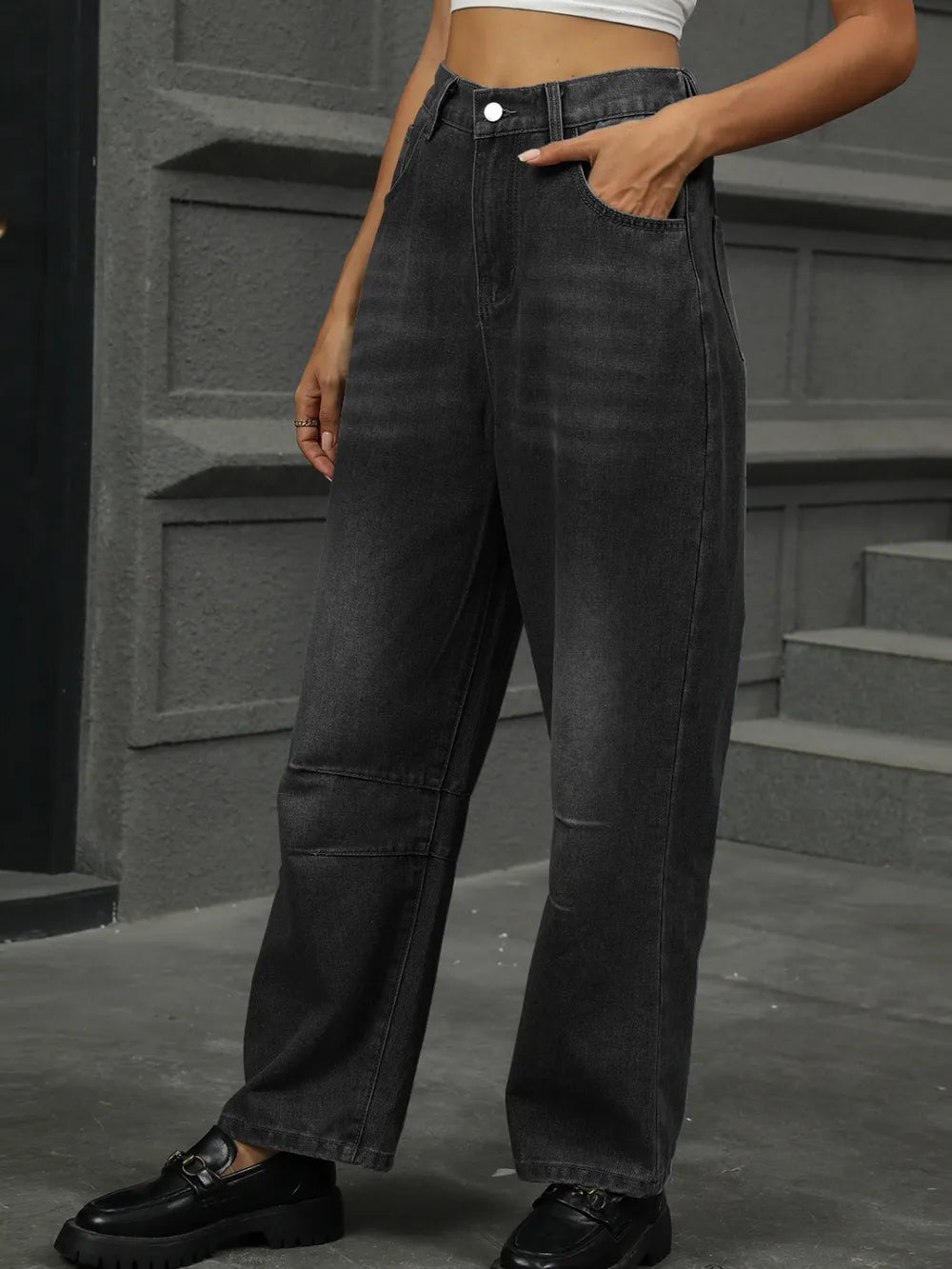 Half Elastic Waist Straight Leg Jeans (8)