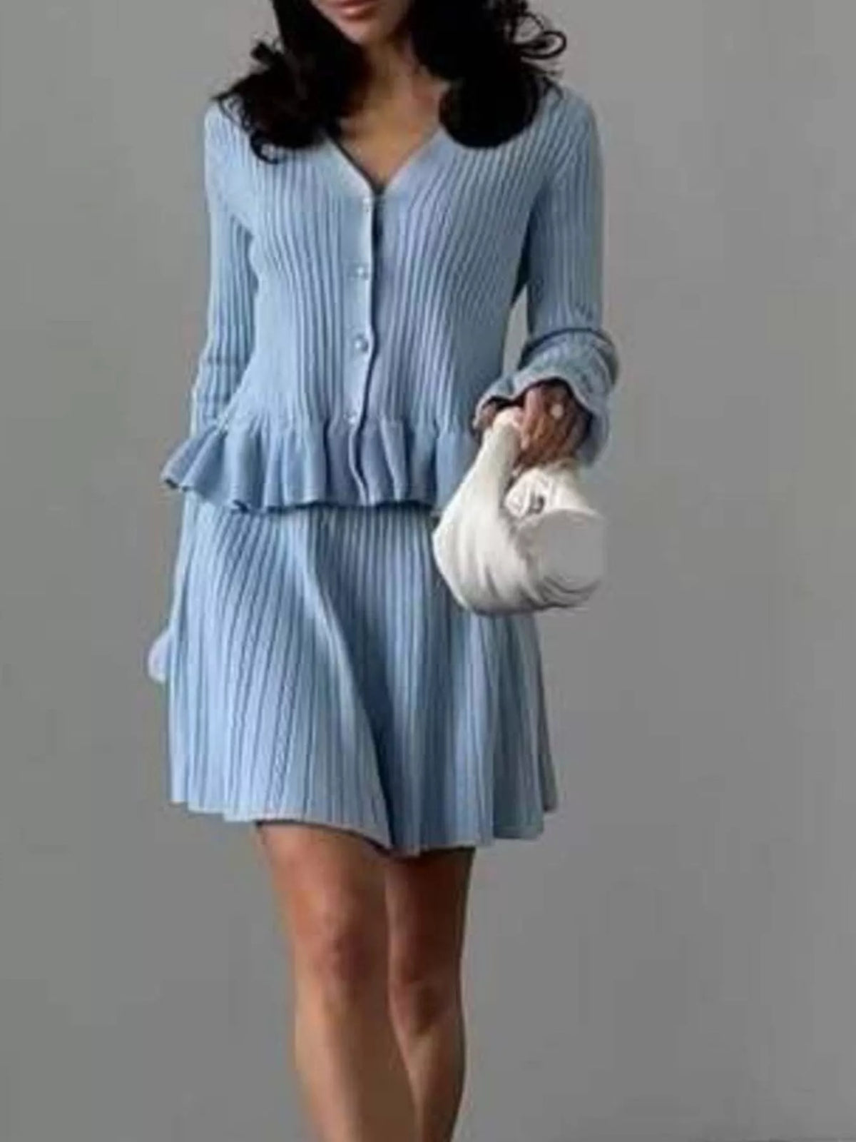 Ruffle Trim Knit Cardigan Skirt Set (5)