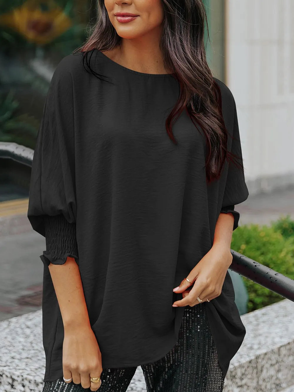 Round Neck Three-quarter Sleeve Blouse (2)