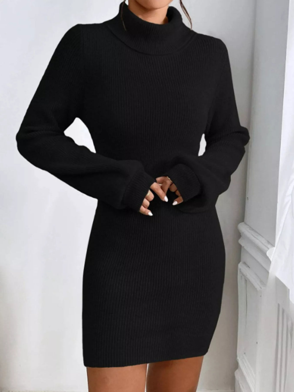 Turtleneck Ribbed Knit Sweater Dress (19)
