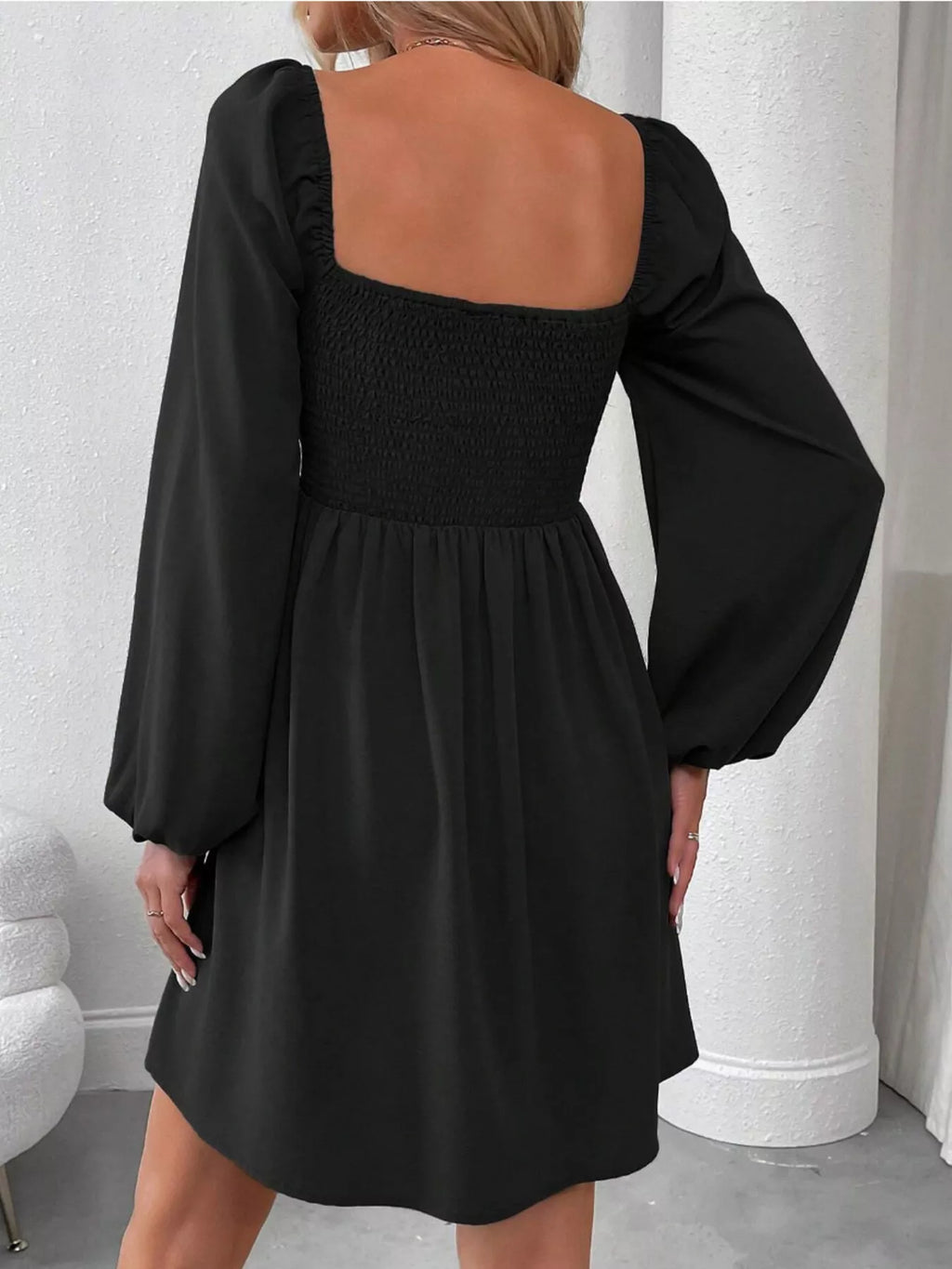 Ruched Square Neck Long Sleeve A-line Dress (12)