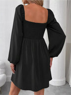 Ruched Square Neck Long Sleeve A-line Dress (12)