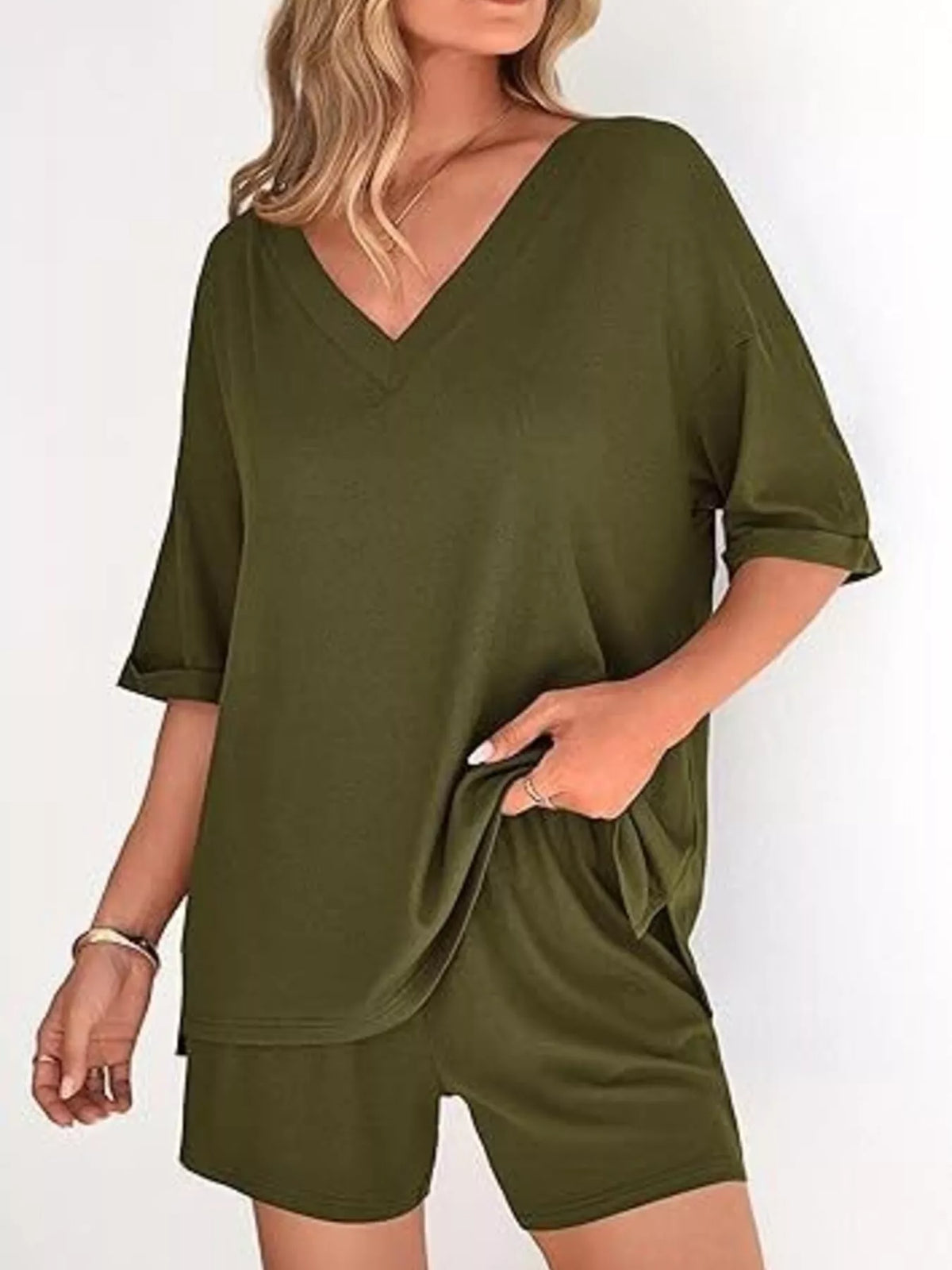 Solid Color V-neck Shorts Set (7)