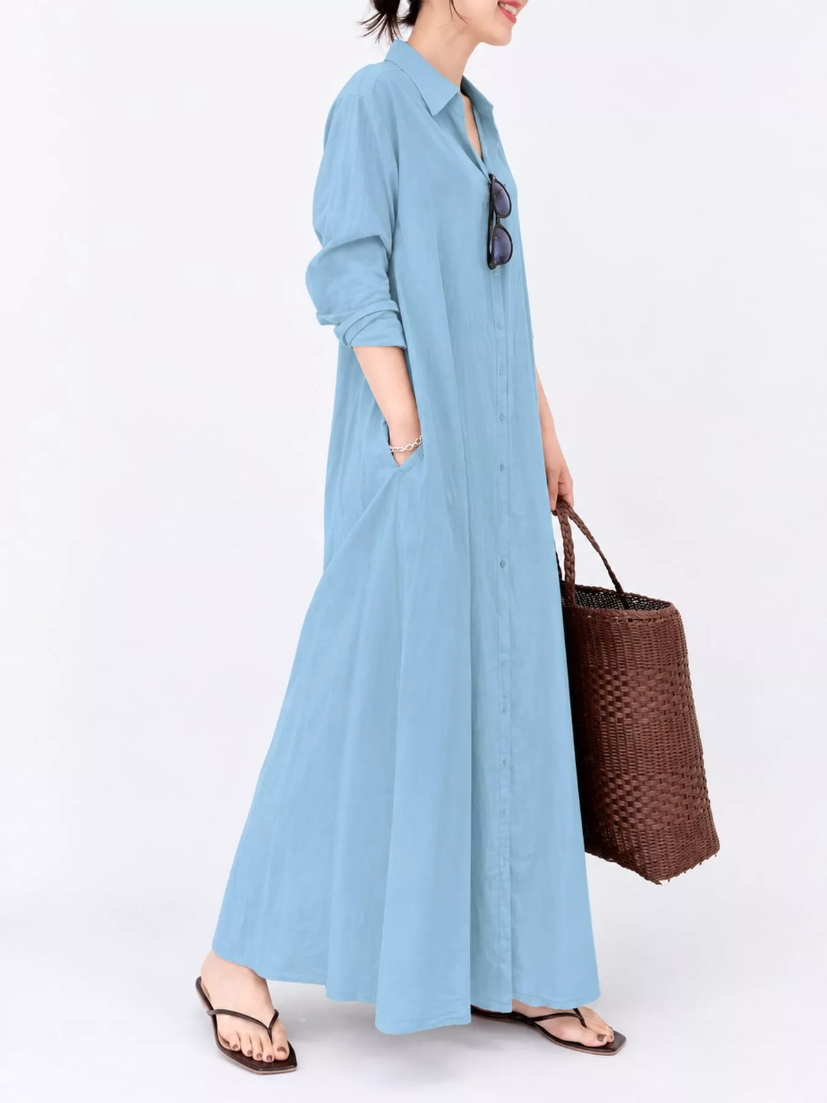 Full Size Button Front Long Sleeve Maxi Shirt Dress Plus (15)