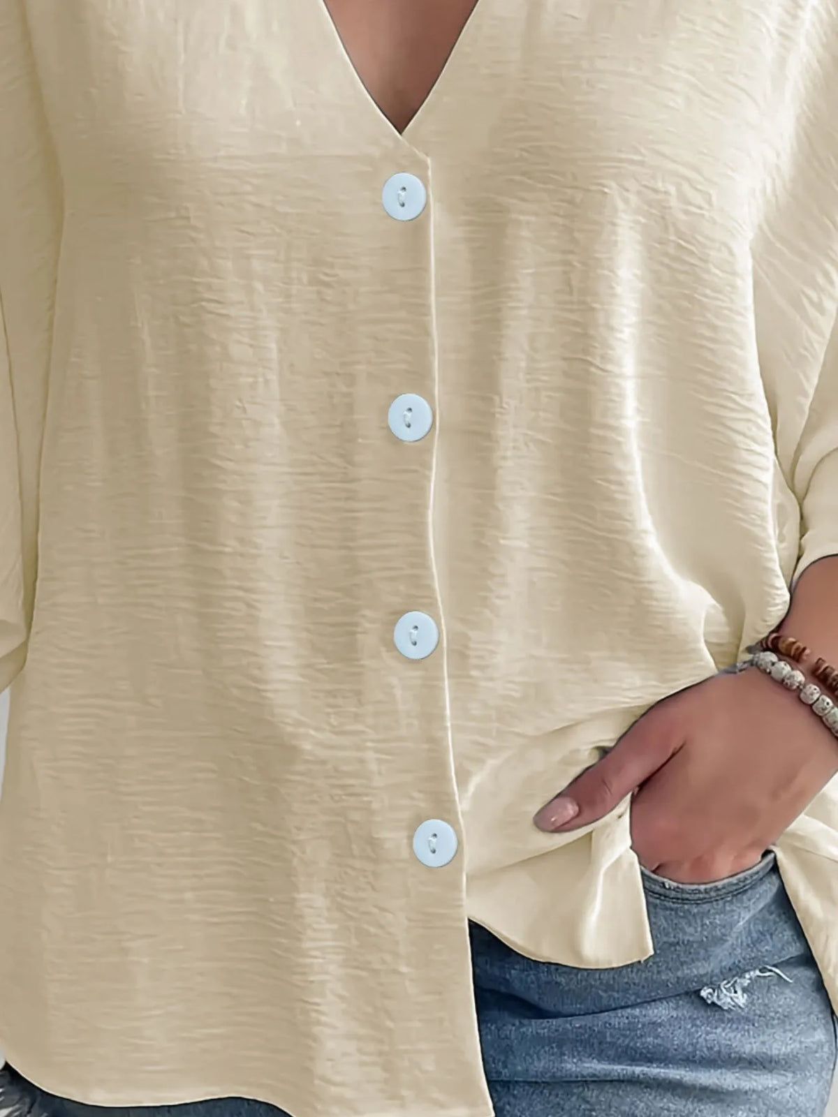 Full Size Casual V-neck Button Down Relaxed Fit Blouse Plus (9)