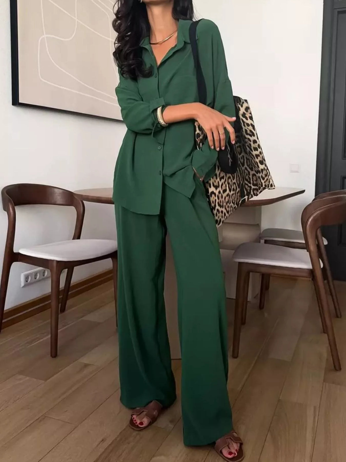 Relaxed Fit Shirt Wide Leg Pants Set (15)