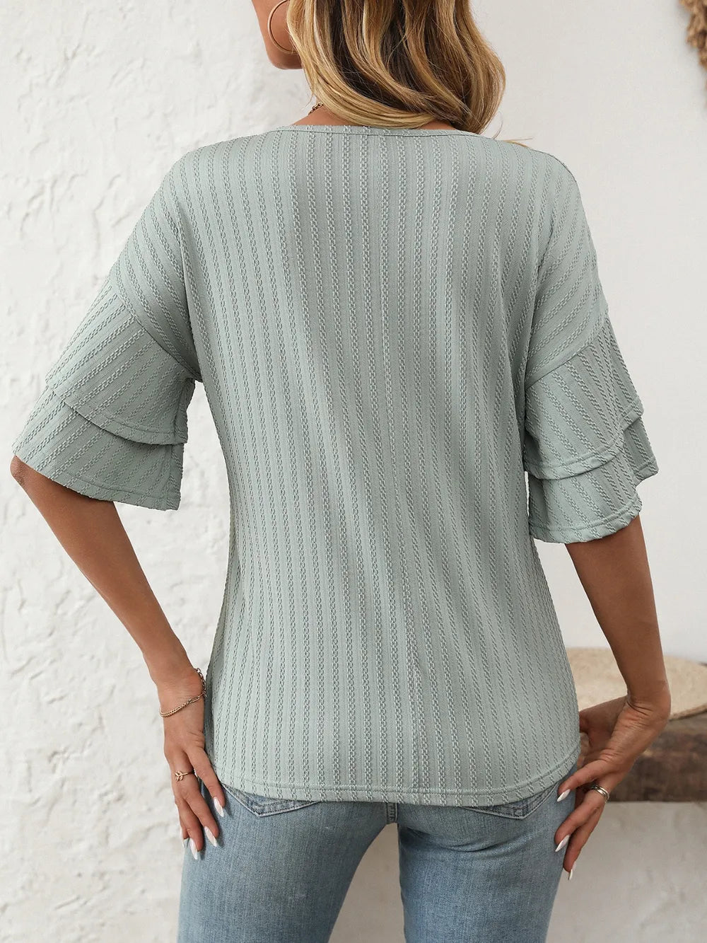 V-neck Ruffle Half Sleeve Top (2)