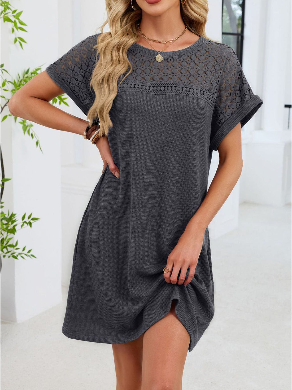 Lace Round Neck Short Sleeve T-shirt Dress (16)