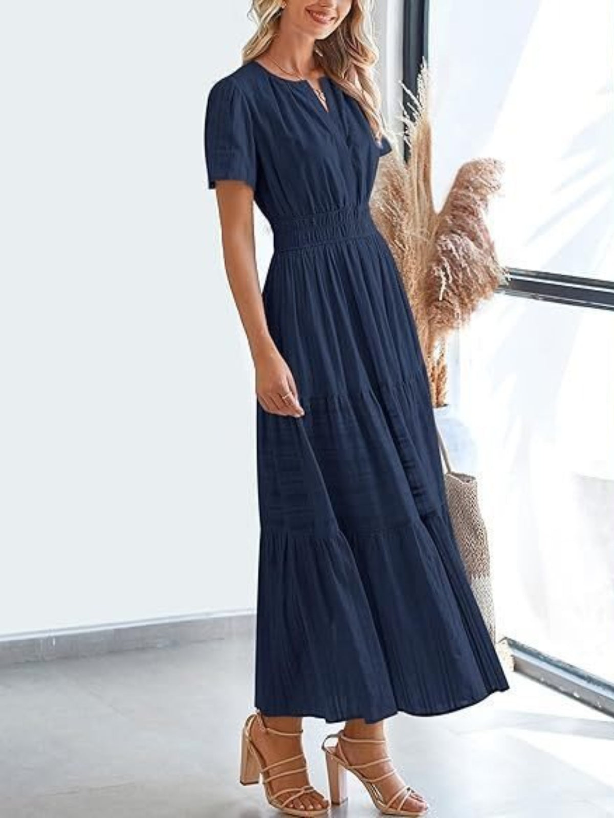 Notched Short Sleeve Tiered Dress (8)