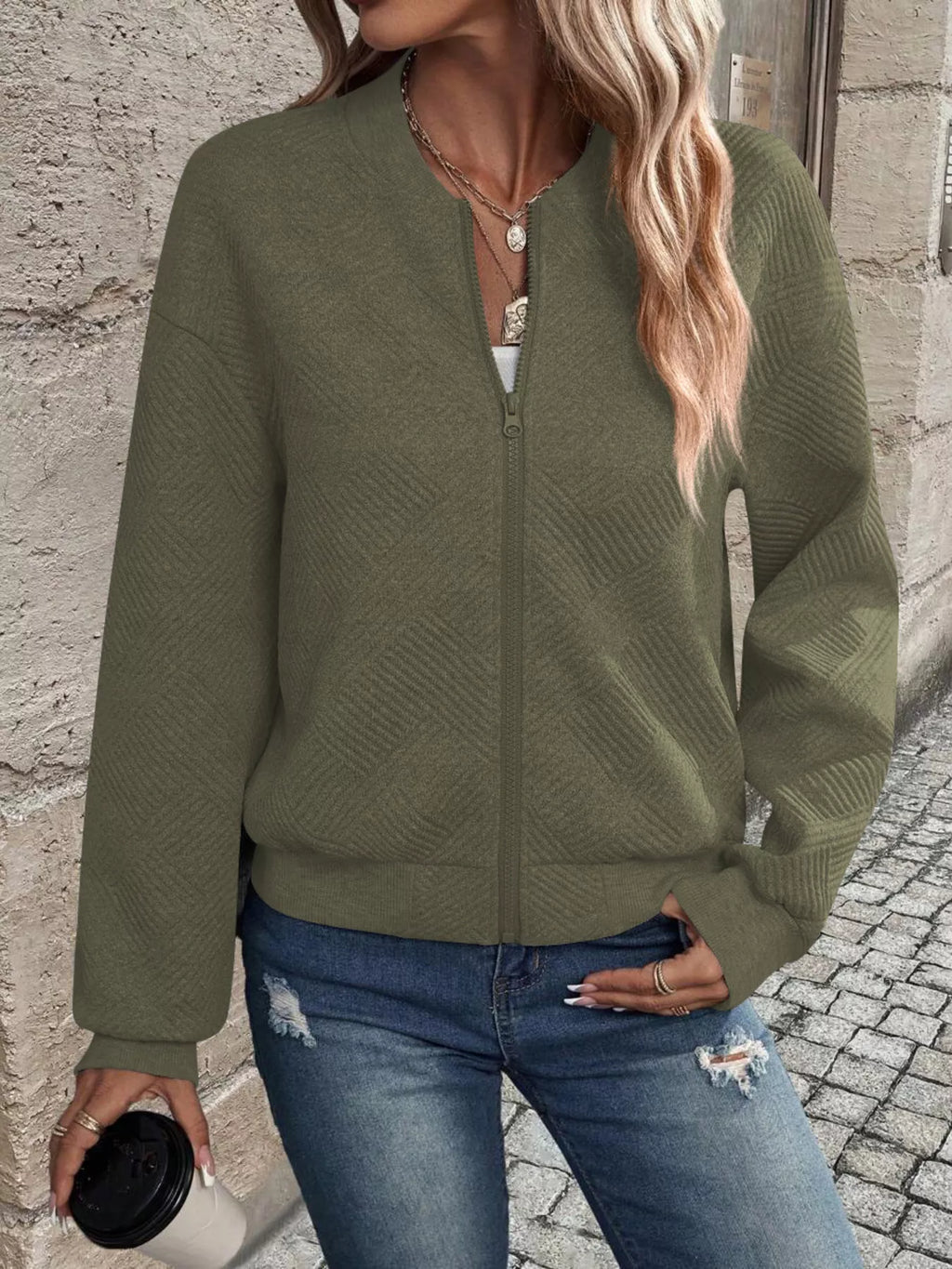 Zip-up Textured Long Sleeve Jacket (25)
