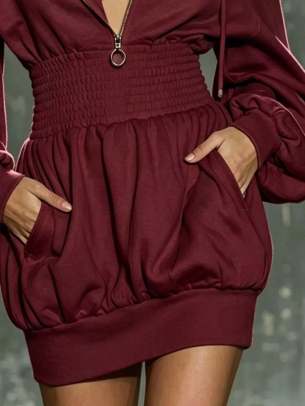 Hooded Long Sleeve Mini Dress Smocked Waist (6)