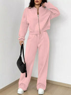 Casual Solid Color Zipper Jacket Wide Leg Pants Set (8)