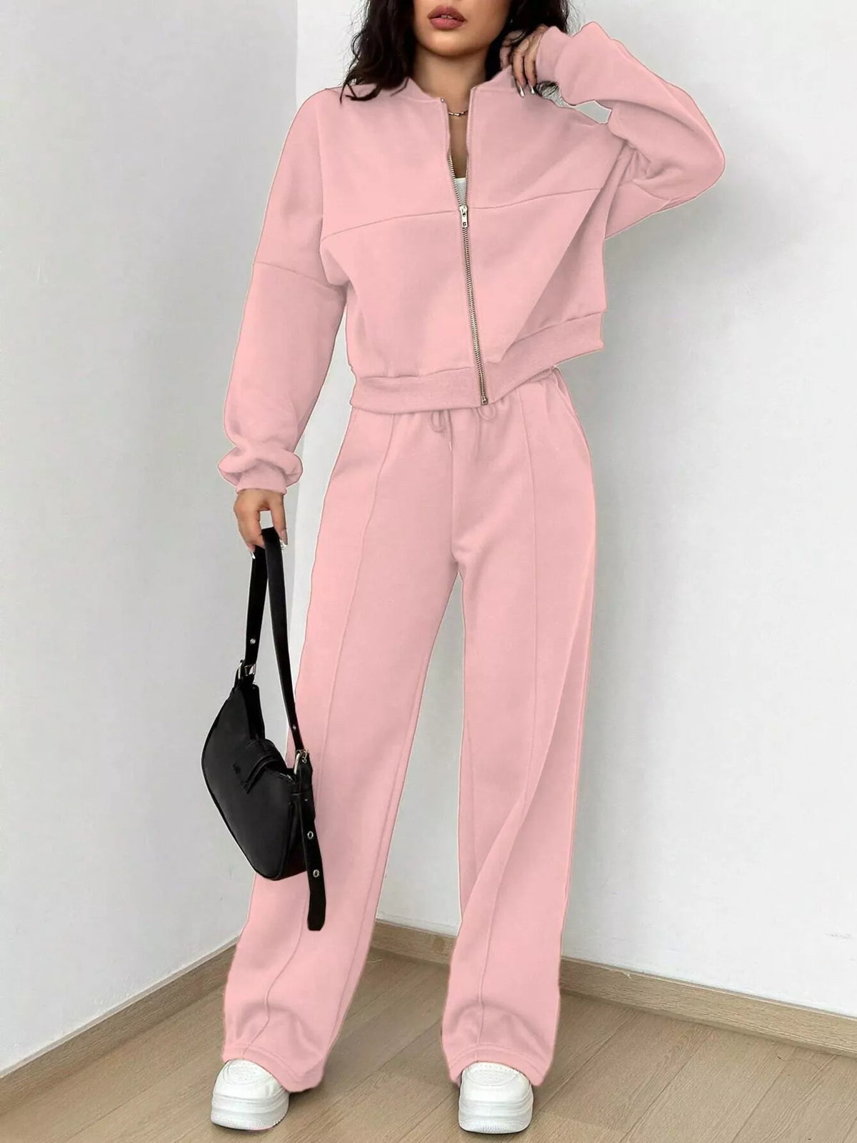 Casual Solid Color Zipper Jacket Wide Leg Pants Set (8)