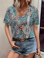 Bohemian Paisley Print V-neck Short Sleeve T-shirt (6)