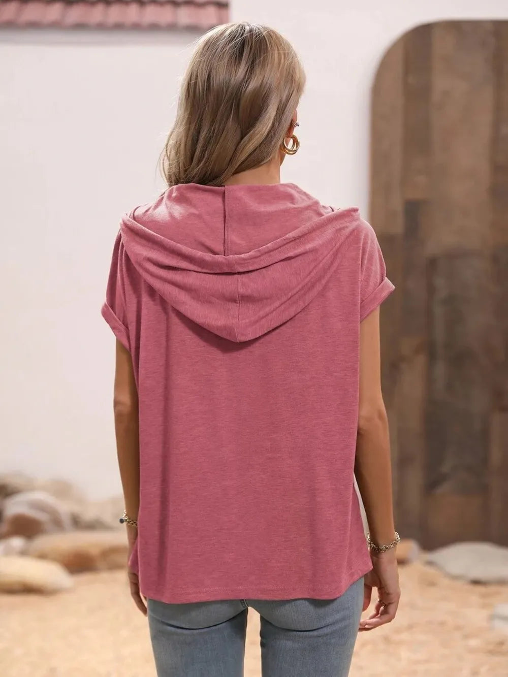 Half Button Hooded Short Sleeve Blouse (15)