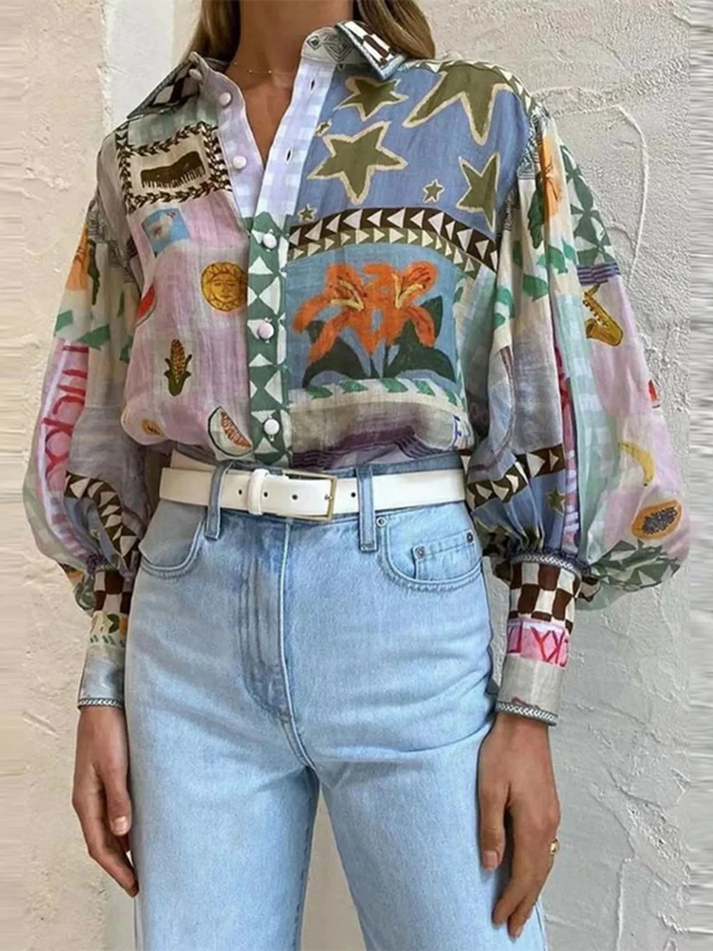 Full Size Printed Lantern Sleeve Button Up Shirt Plus (2)