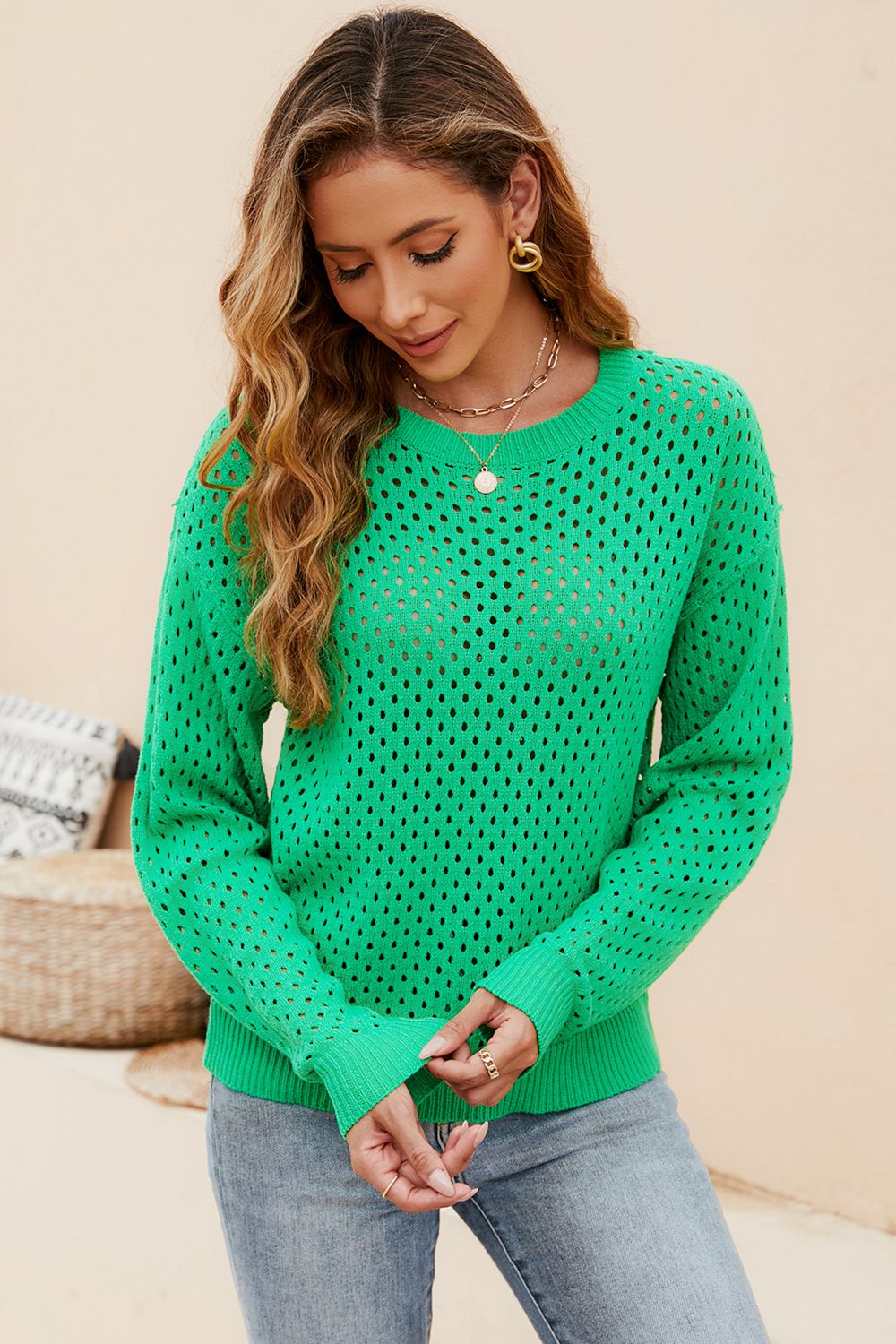 Round Neck Openwork Dropped Shoulder Knit Top (4)