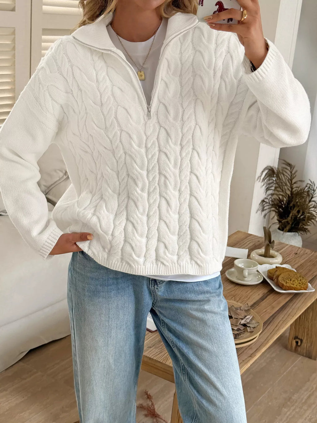 Zip Collar Cable-knit Sweater (2)