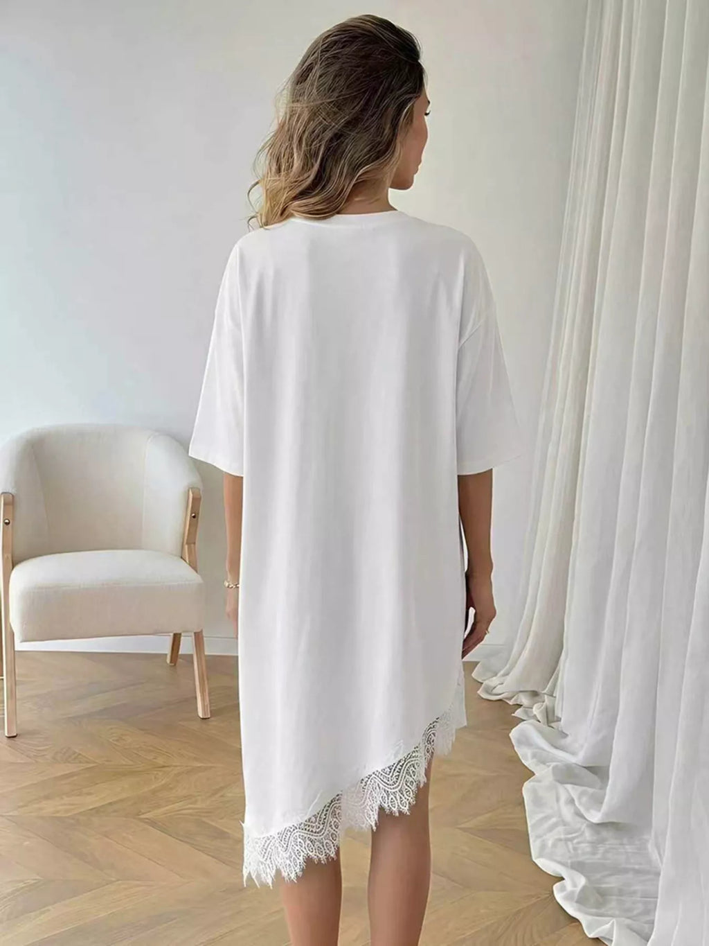 Lace Trim Asymmetrical Hem T-shirt Dress (5)