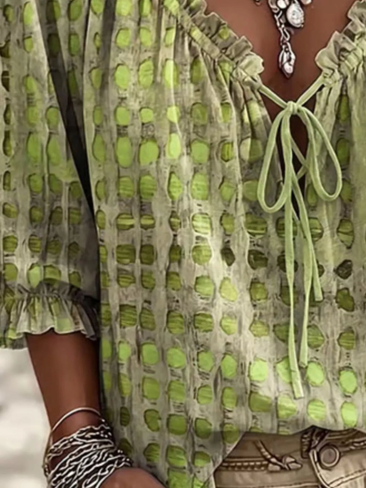 Full Size Tie Neck 3/4 Sleeve Blouse Plus (16)