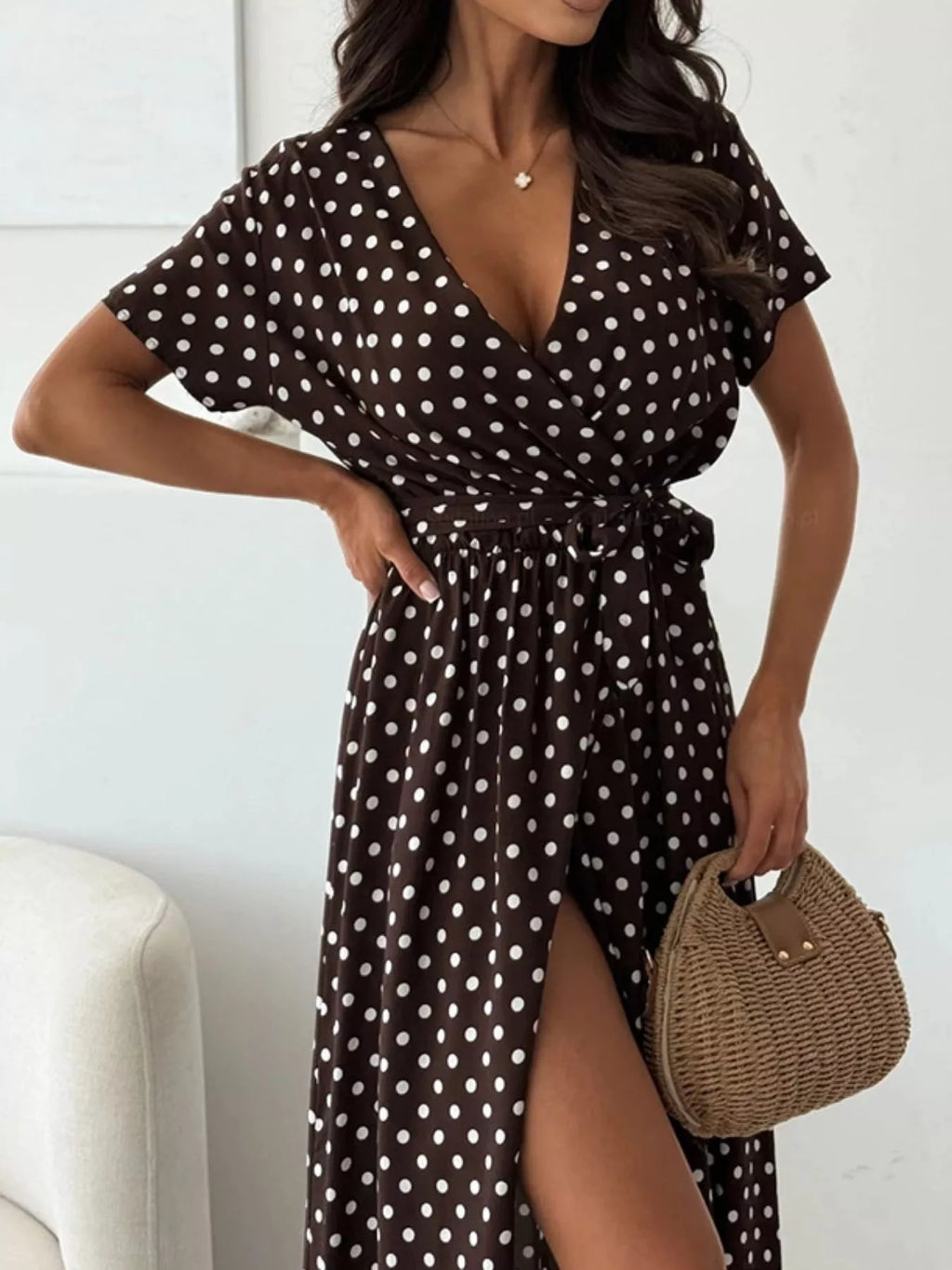 Polka Dot Surplice Maxi Dress Slit (15)