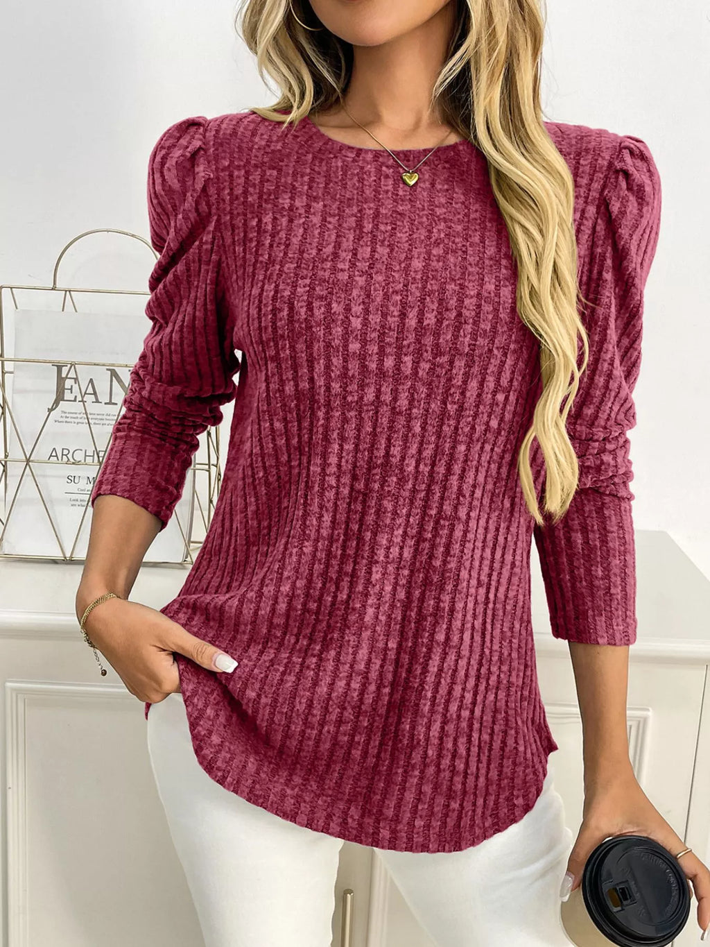 Round Neck Puff Sleeve T-shirt (5)