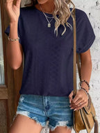 Eyelet Round Neck Short Sleeve Top (27)