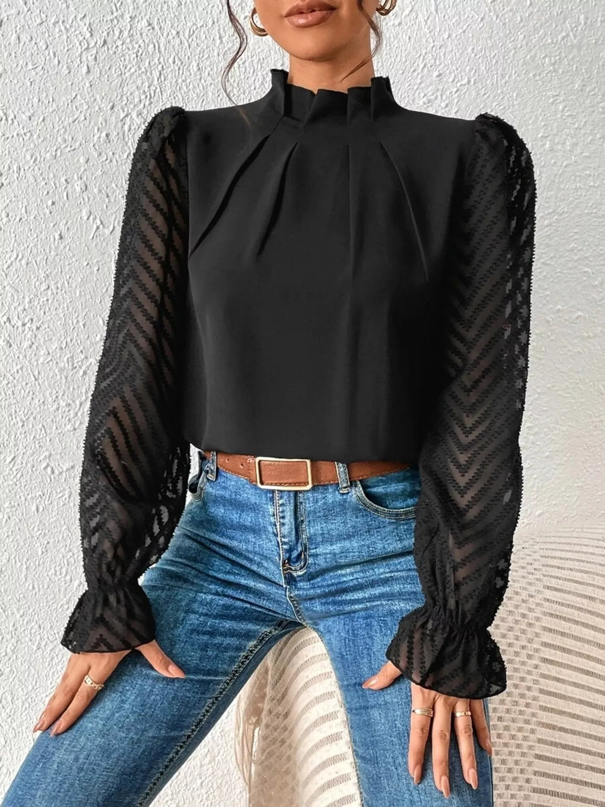 Mock Neck Sheer Lace Sleeve Blouse (8)