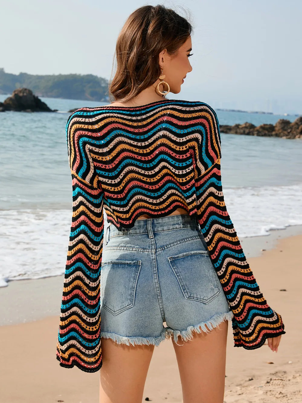 Striped Boat Neck Long Sleeve Cover Up (7)