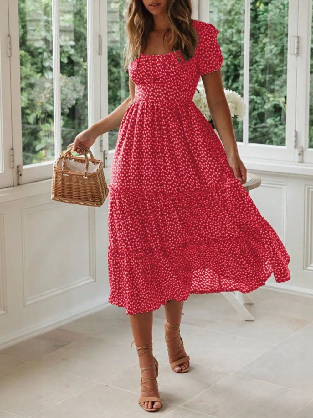 Printed Square Neck Short Sleeve Midi Dress (9)
